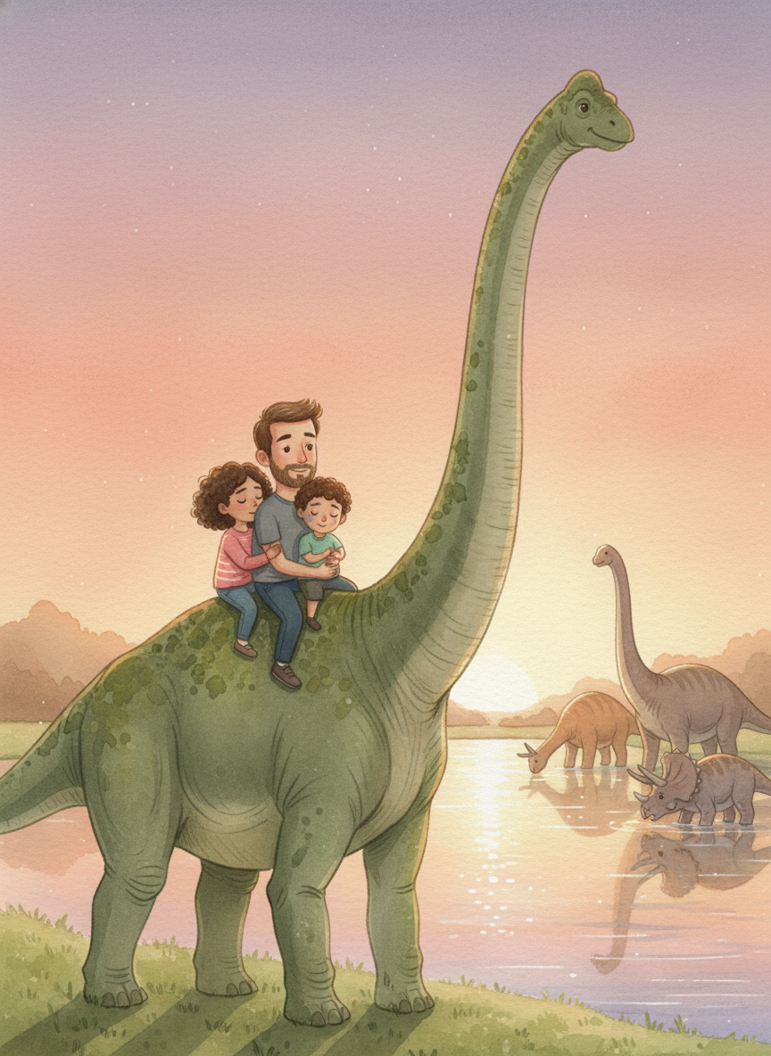 A family riding peacefully on the back of a large, gentle long-necked dinosaur near a sparkling lake at sunset. Other dinosaurs drink water quietly. The orange sky glows warmly. The little girl is starting to look sleepy, leaning on her father's shoulder. Children's book illustration style, soft watercolor, warm colors, whimsical.
