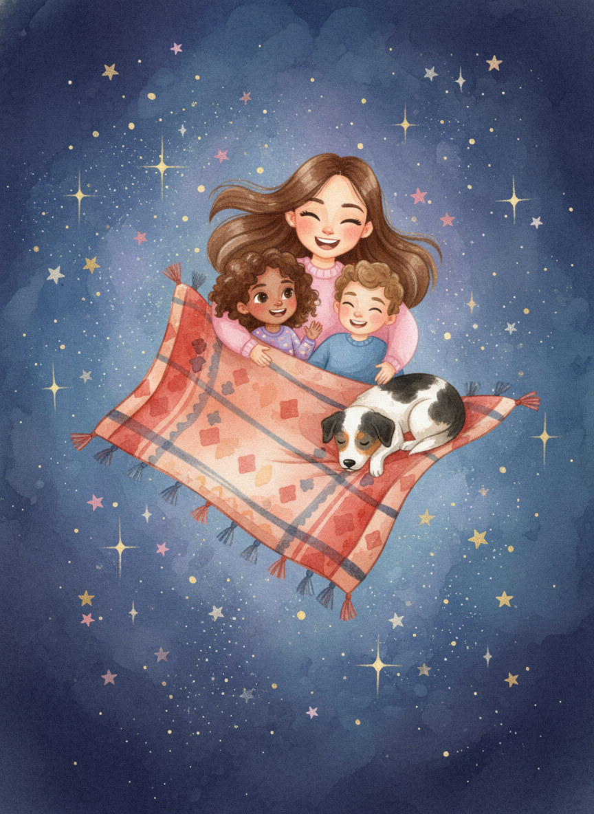 A loving father named Ilon and mother named Mor join the two children and the black-white-brown dog on a magical floating blanket that flies through a starry night sky. Everyone is smiling and wrapped in the cozy blanket. Stars twinkle around them. Children's book illustration style, soft watercolor, warm colors, whimsical.