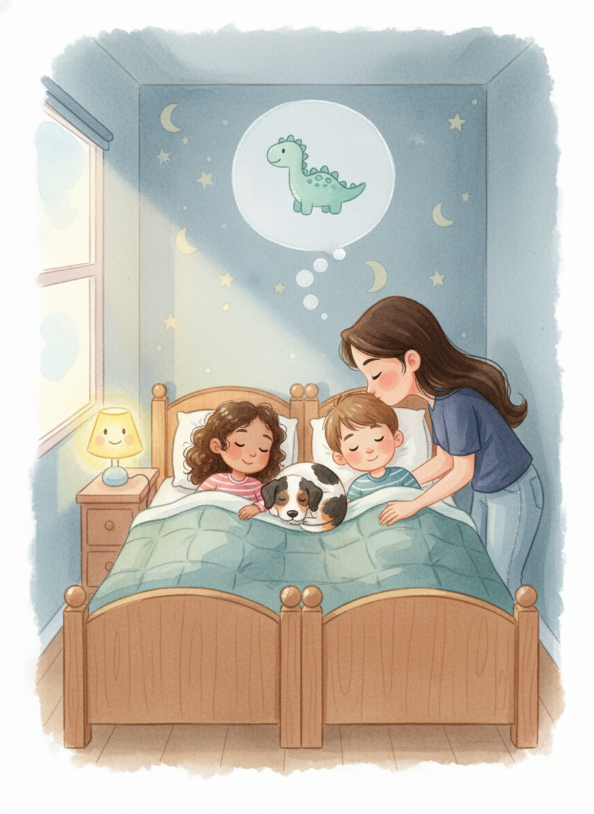 The two children are now back in their cozy beds, tucked in warmly with the black-white-brown dog curled up between them. The loving parents lean over kissing them goodnight. Soft moonlight and a small nightlight glow gently. A tiny dinosaur shape floats in a dream bubble above. Children's book illustration style, soft watercolor, warm colors, whimsical.