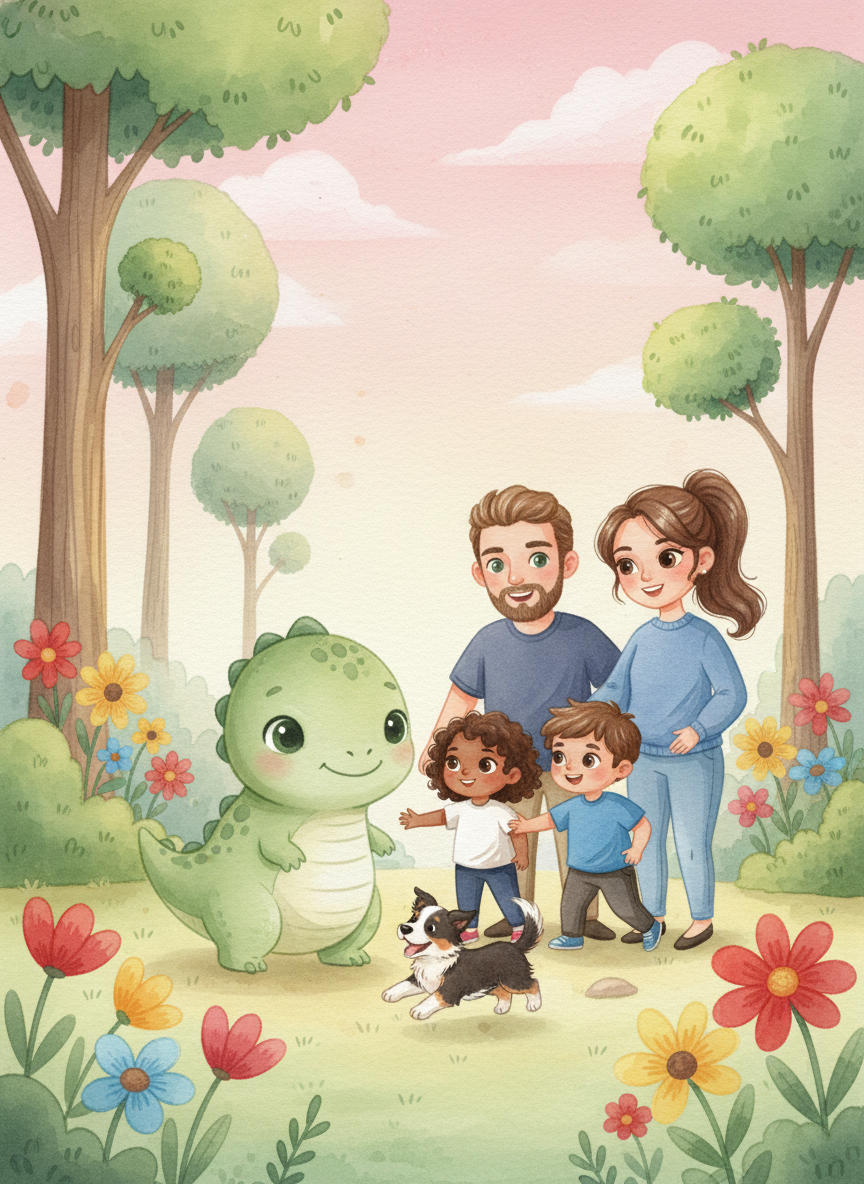 A magical prehistoric landscape with giant green trees, colorful flowers, and pink-orange skies. A small, cute, friendly baby dinosaur greets two children and a black-white-brown dog who plays around it. Parents stand behind smiling warmly. Children's book illustration style, soft watercolor, warm colors, whimsical.