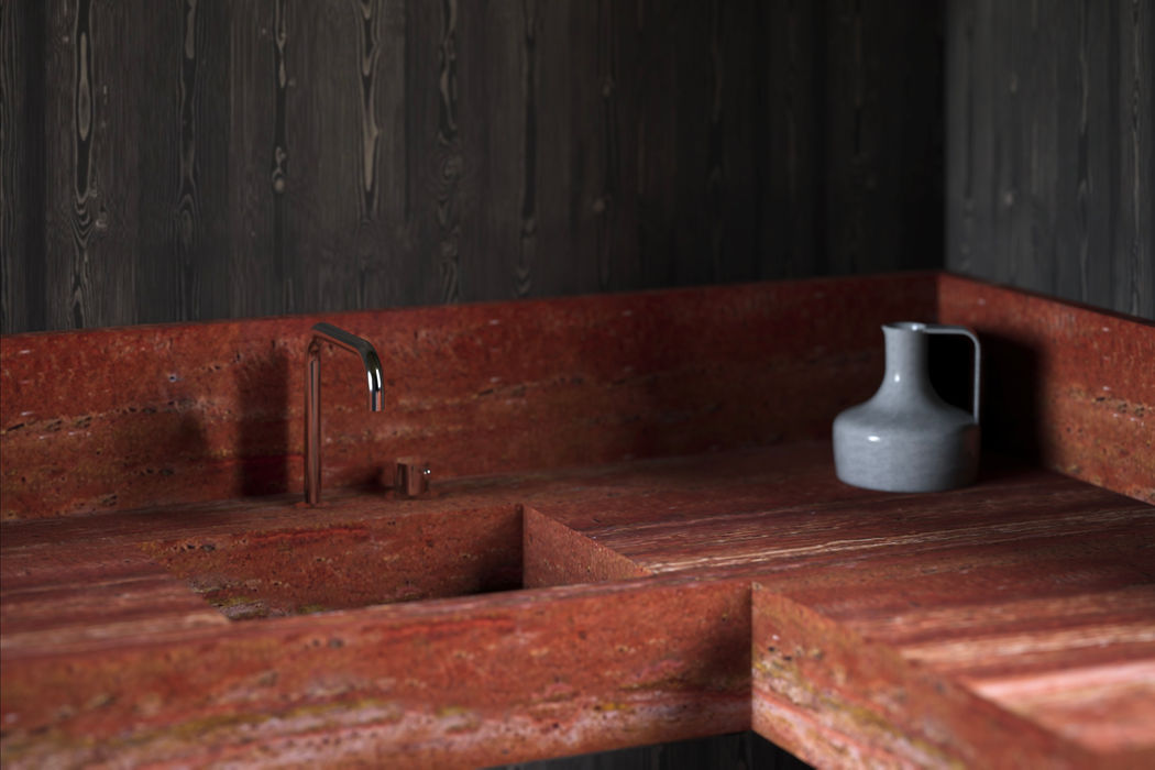 rosso travertine dark wooden wall panels relaxing and eating area Part of the baigal project by Dulguun Otgonjav.