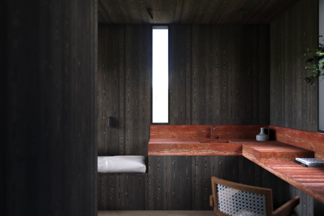 rosso travertine dark wooden wall panels relaxing and eating area Part of the baigal project by Dulguun Otgonjav.