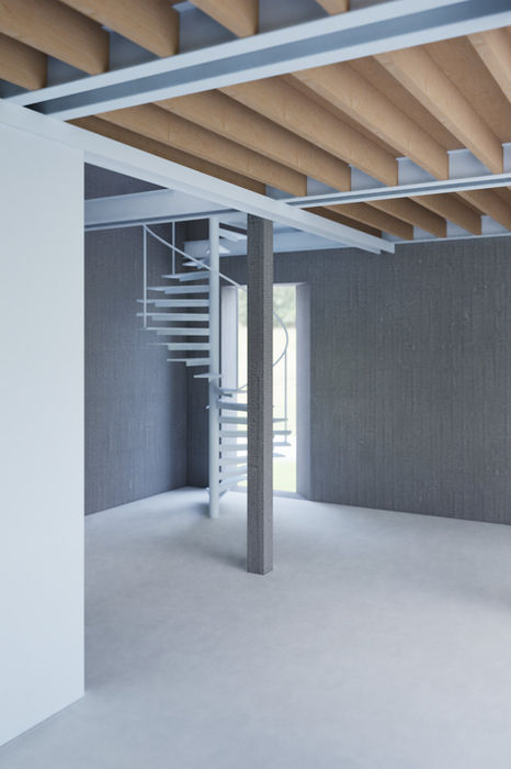 metal soft blue staircase with natural lighting open space modern contemporary brutalism concrete f the project 3x3x3 of Dulguun Otgonjav