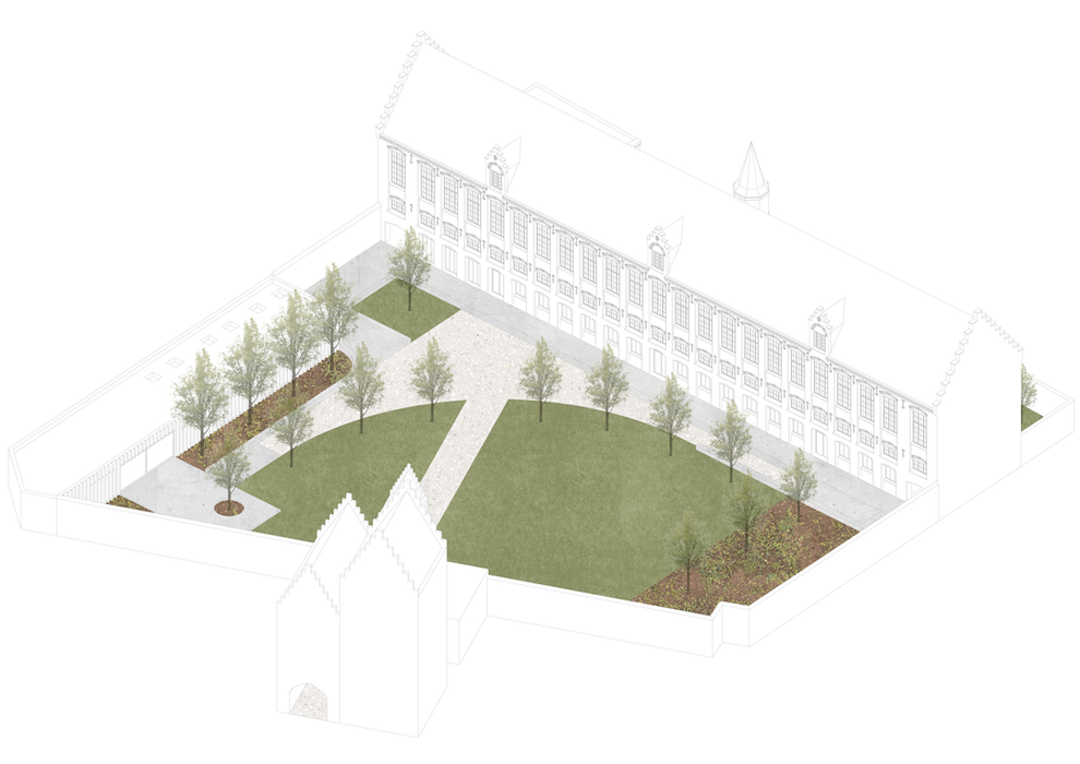 architectural artistic axonometry of an neo bruges style facade from the 20th century with a new designed landscape in front of it part of the project the compass
