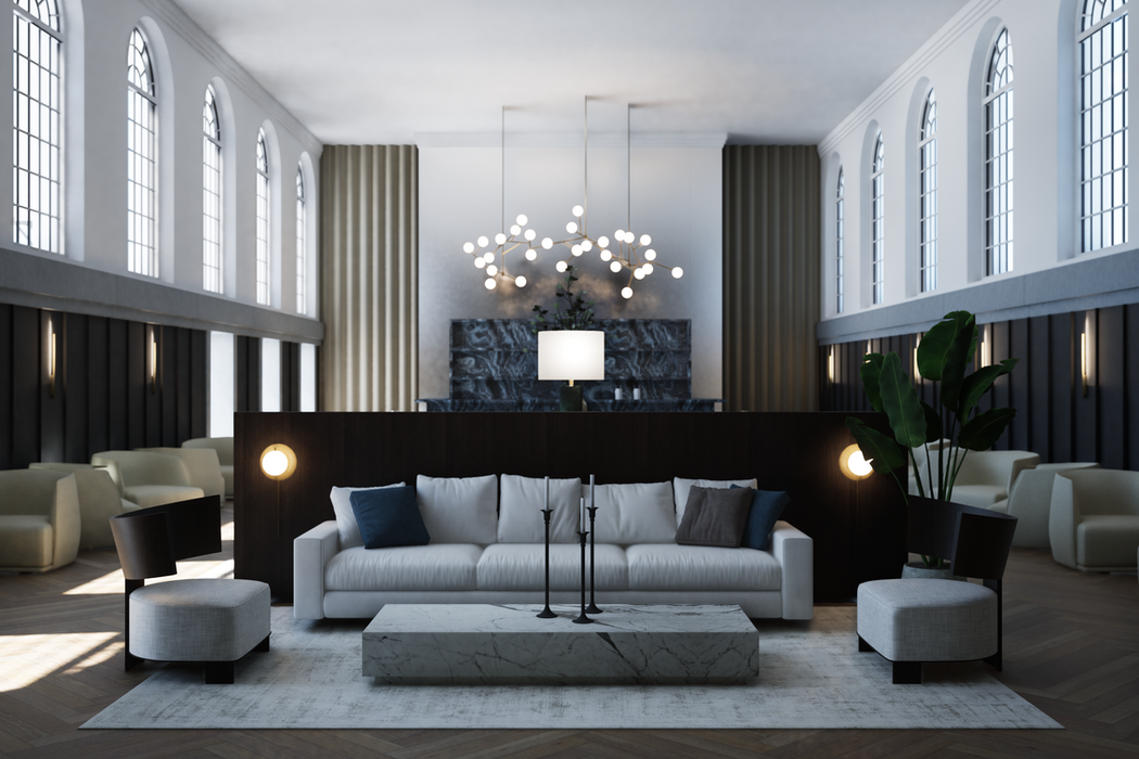 neoclassic interior with a original wooden flooring in the middle of the image is a waiting area to talk in the meanwhile the ceiling is very high with windows of the project khooshoor of Dulguun Otgonjav