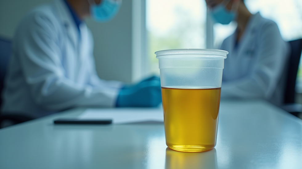 Close-up view of a urine sample cup on a testing table
