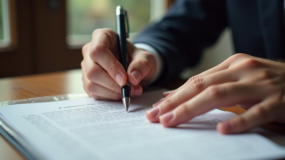 High angle view of a notary signing a document with a pen