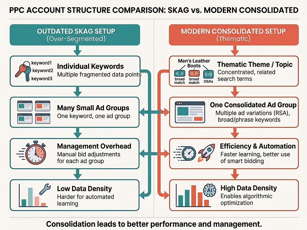 Infographic comparing outdated SKAG setup vs modern consolidated PPC, showing keywords, ad groups, automation, and data density.