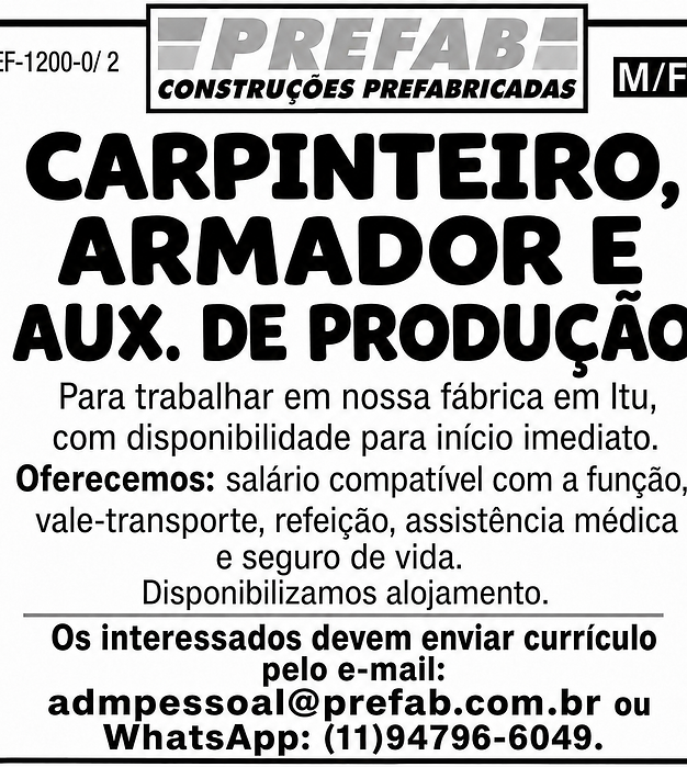 Prefab abre vagas para carpinteiro, armador e auxiliar de produção com início imediato