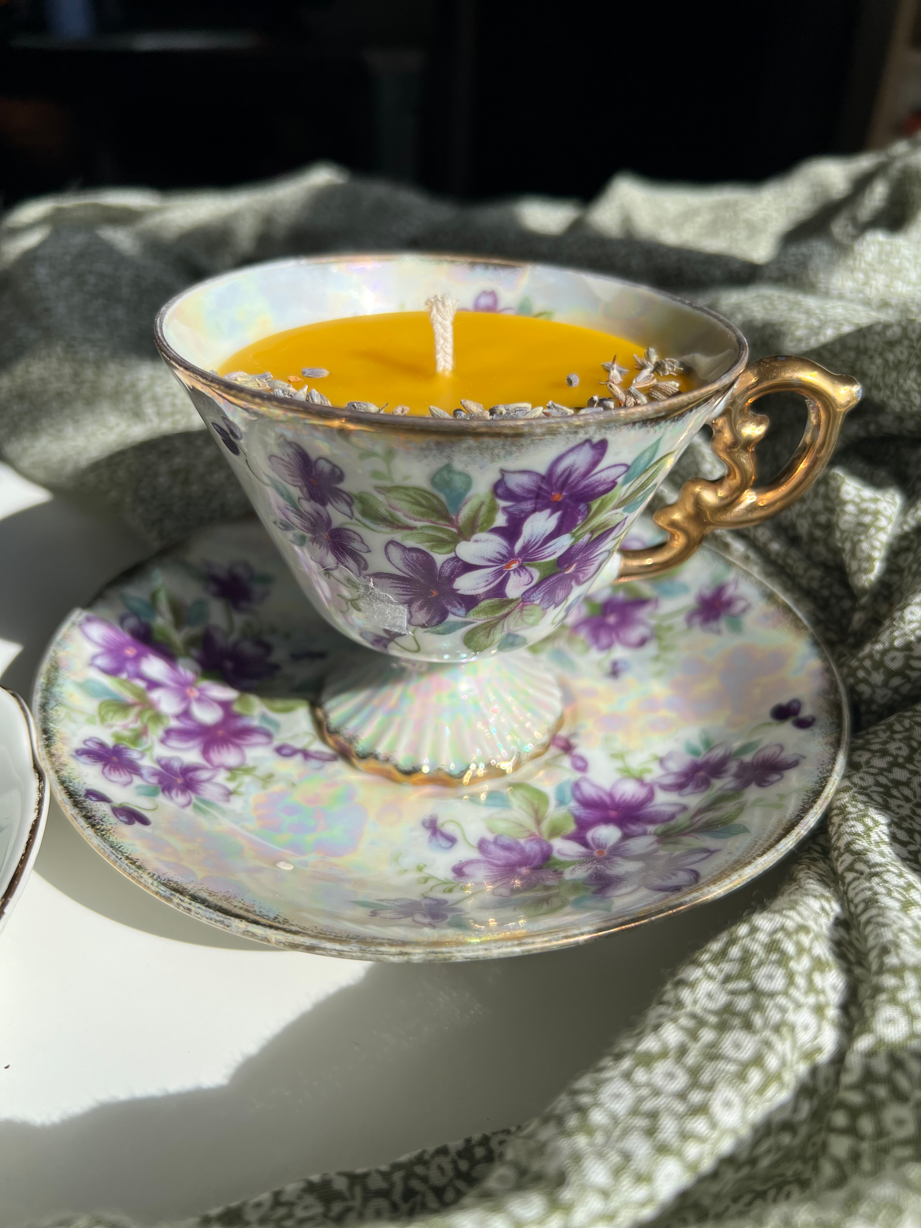 Purple flower bees wax teacup