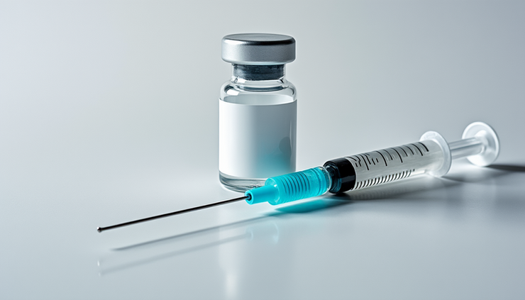 Eye-level view of a medicine bottle and syringe on a clean white surface