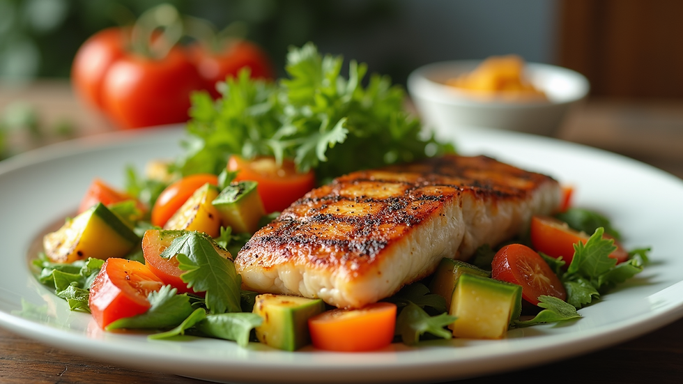 Eye-level view of a healthy meal featuring colorful vegetables and lean protein