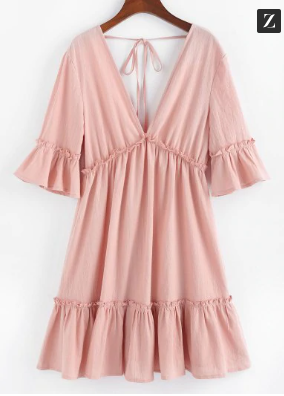 Thumbnail: ZAFUL Bell Sleeve Ruffle Plunging Dress