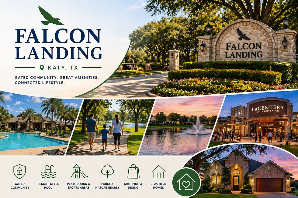 Tree-lined residential street in Falcon Landing, a gated master-planned community in Katy, TX with mature landscaping and single-family homes in Fort Bend County.