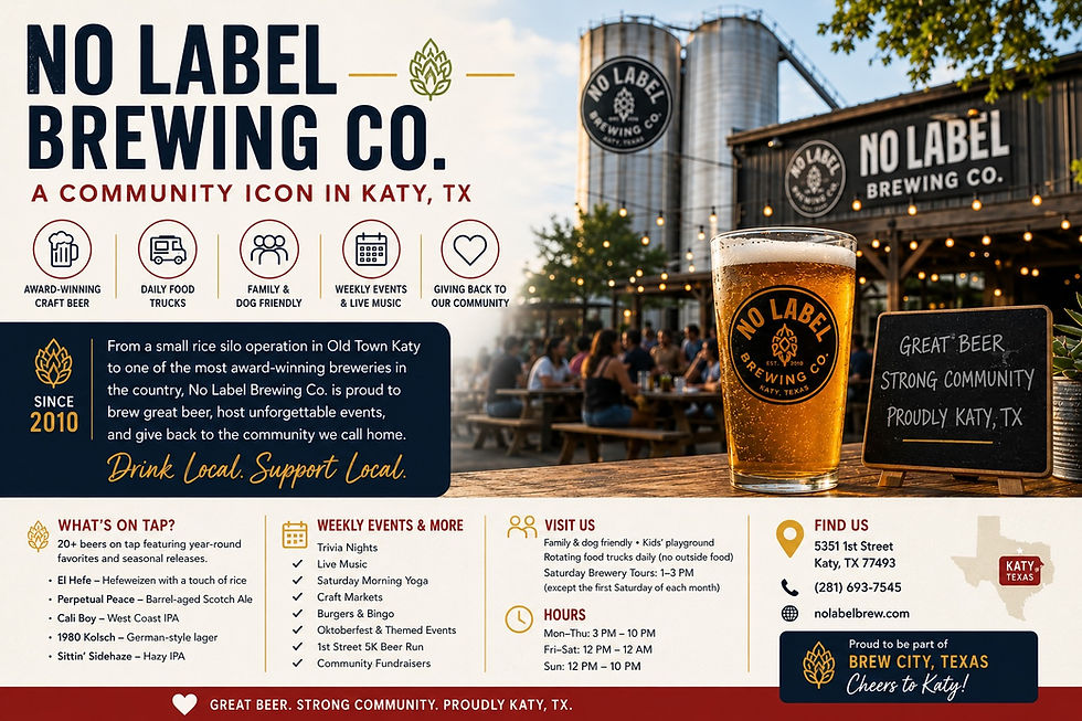 Outdoor taproom and beer garden at No Label Brewing Co. in Historic Katy, TX with food trucks and community events.