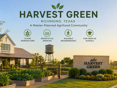 Aerial view of Harvest Green master-planned agrihood community in Richmond, TX featuring Village Farm and resort amenities