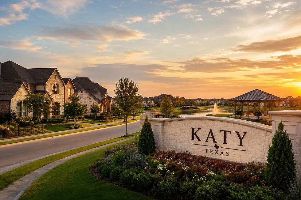 Master-planned community street in Katy, TX with single-family homes, a 2026 buyer's guide from Barker Group.