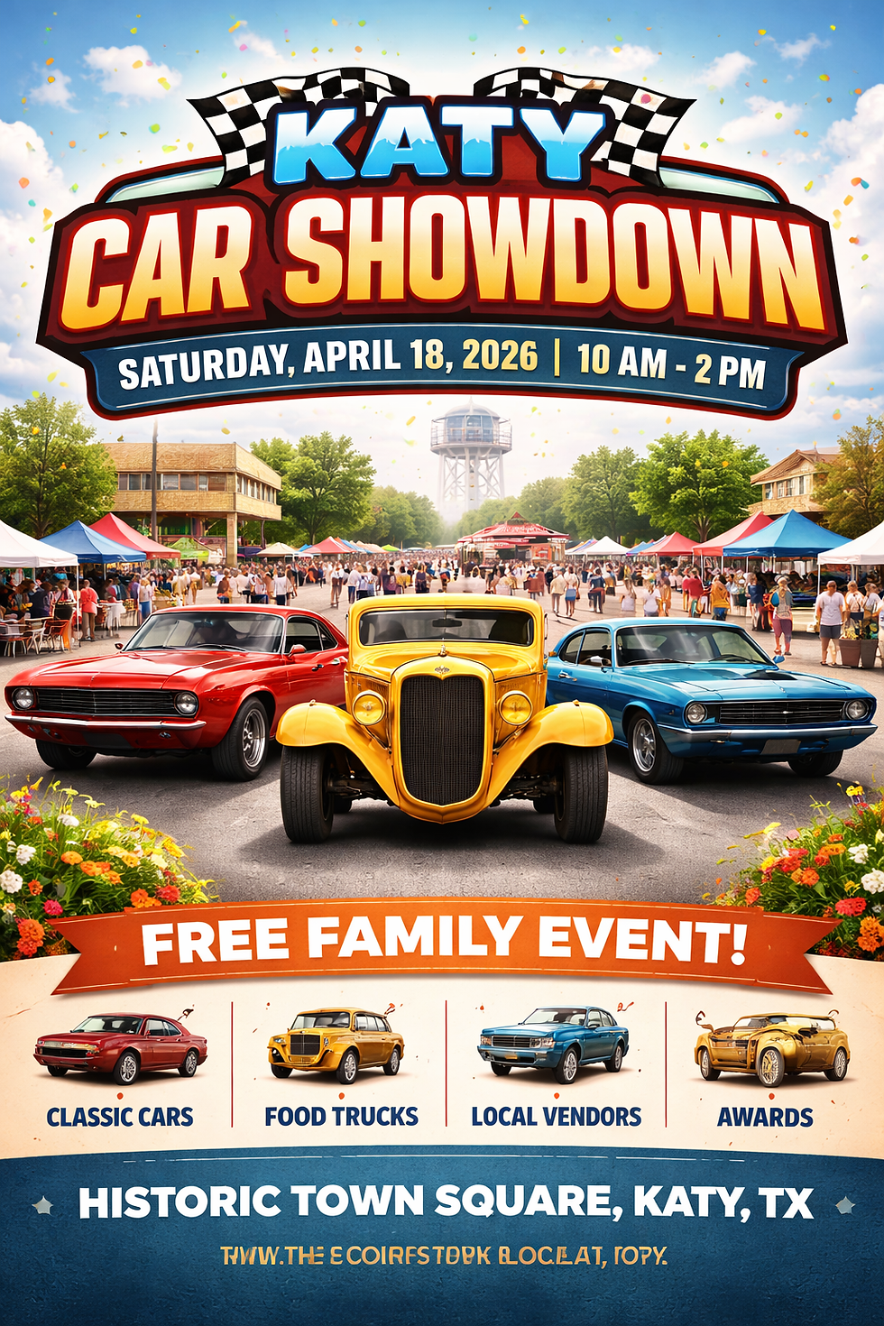 The Katy Car Showdown takes place Saturday, April 18, 2026, from 10:00 AM to 2:00 PM at Historic Town Square, 904 Avenue C, Katy, TX. Free to attend for spectators and vehicle owners alike, with classic cars, food trucks, local vendors, awards, and family activities.