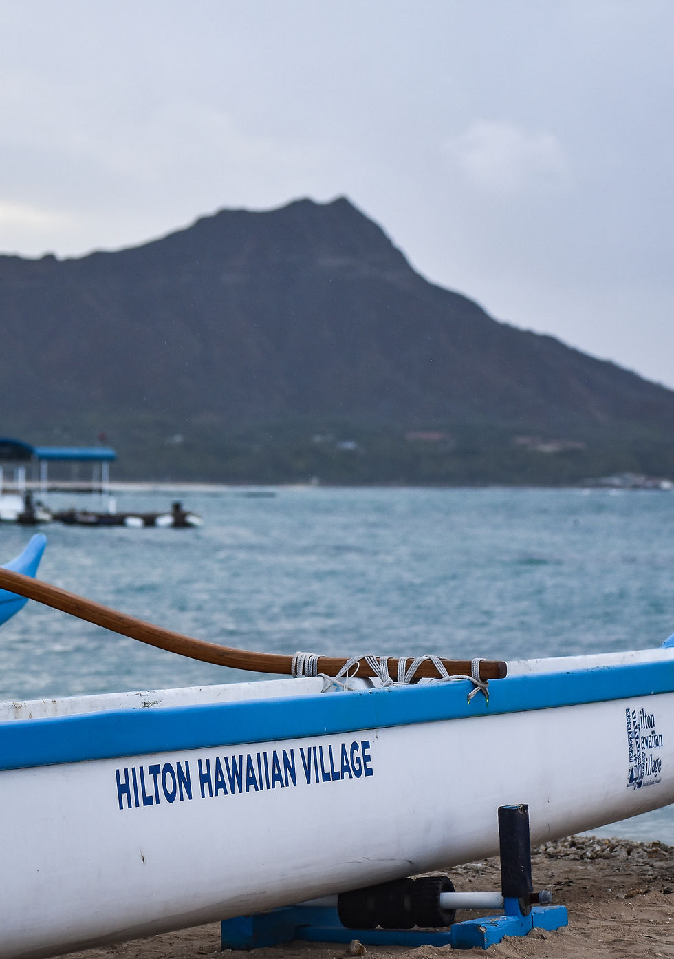 Hilton Hawaiian Village outrigger boat along the sandy beach with Diamond Head prominently in the background