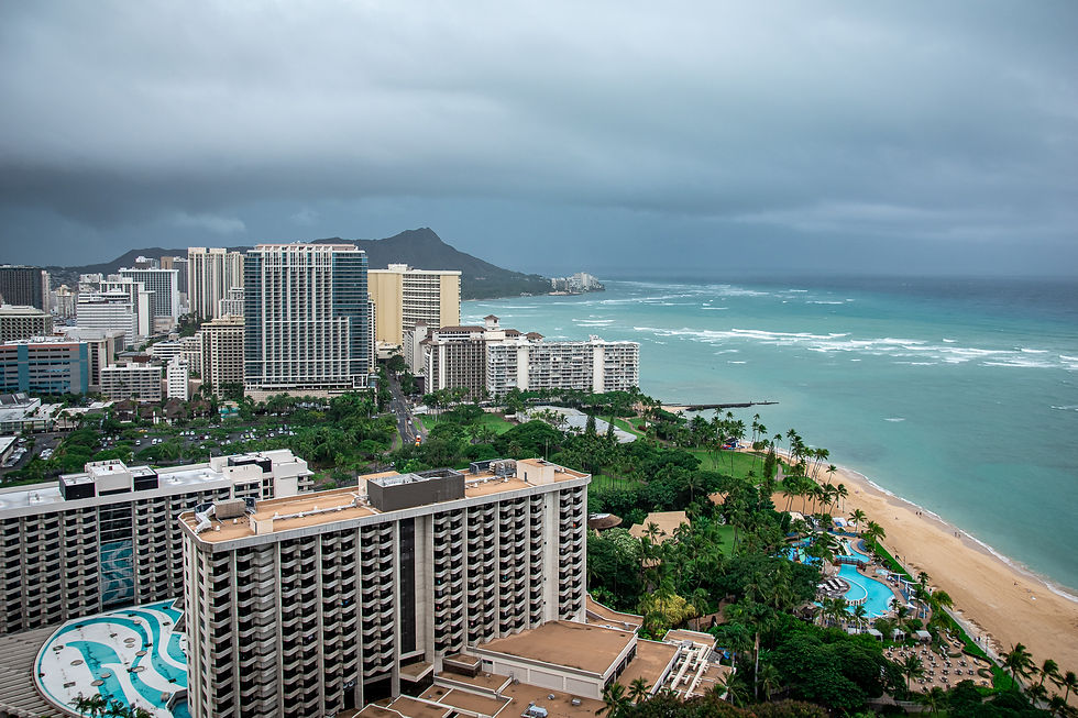 Waikiki and Diamond Head Views from the top floor of the Tapas Tower at Hilton Hawaiian Village overlooking the sandy beach and turquoise waters