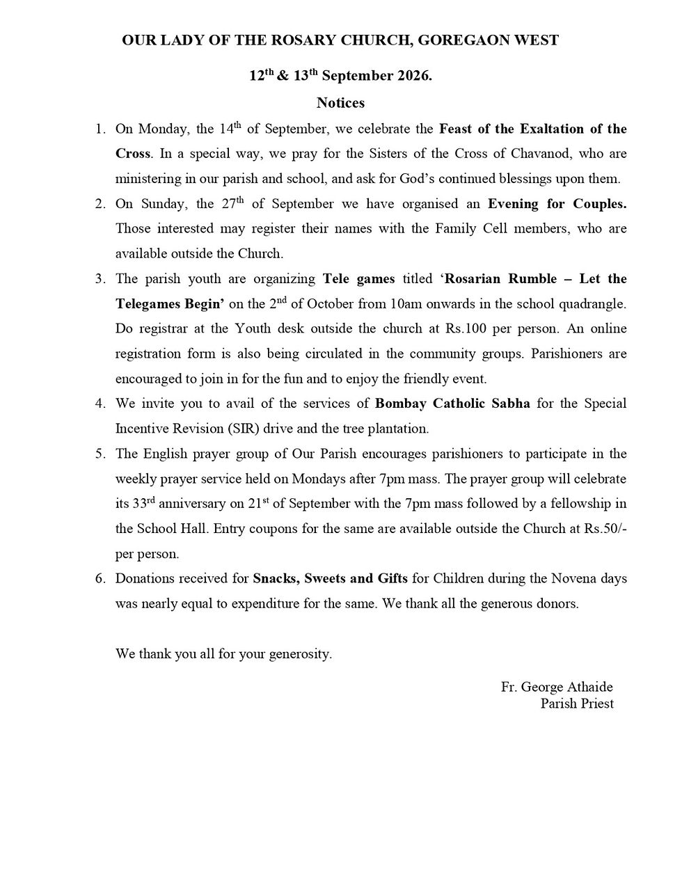 Sunday Notices - 13th September 2026