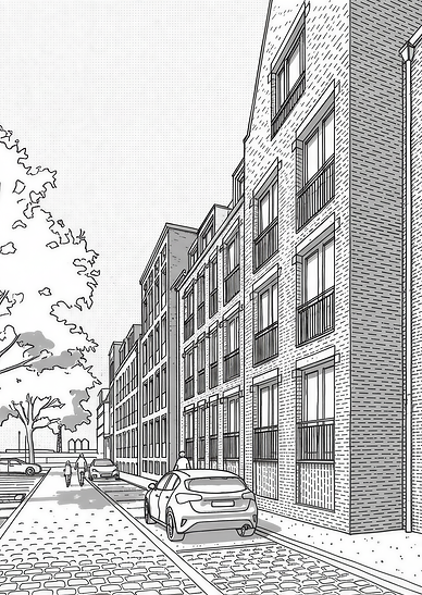 Architectonische schets van straat met gebouwen en auto's