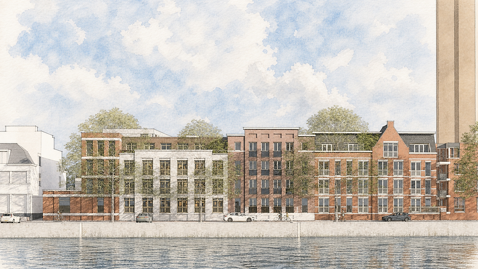Aquarelschets van moderne stadspanden aan een gracht.