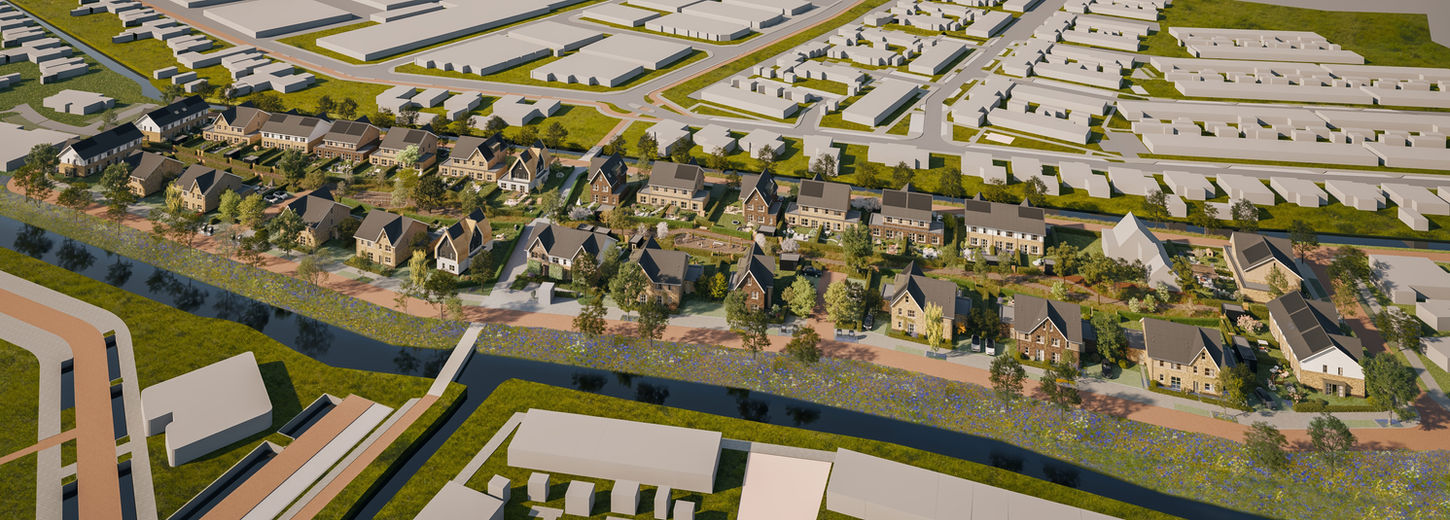 3D-model van woonproject met huizen en water