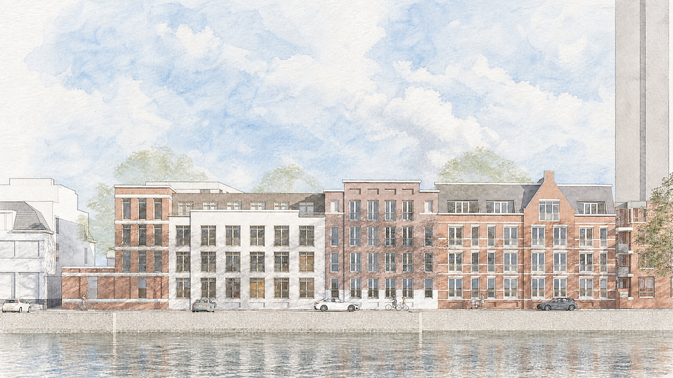 Architectuurtekening van panden langs een gracht