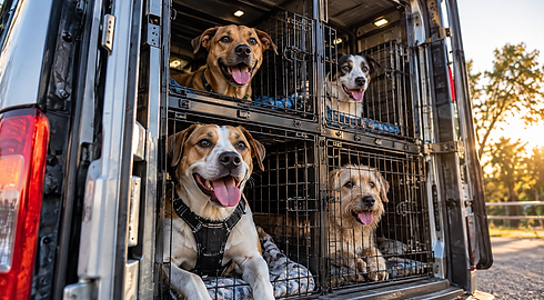 Happy Dogs in a Sunlit Transport Van.png