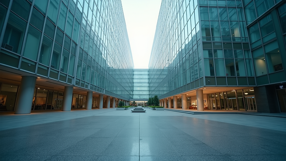 Eye-level view of a modern government building with glass facade