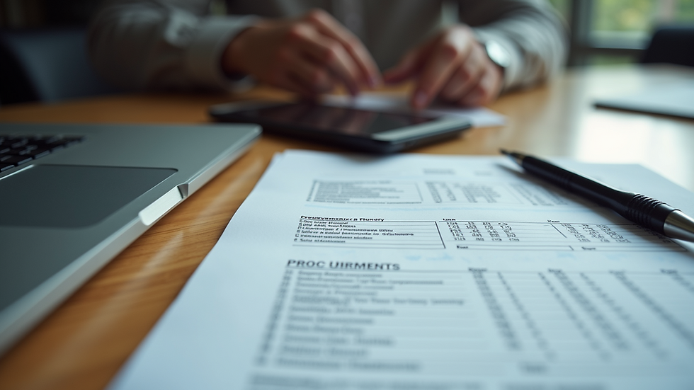 High angle view of a desk with procurement documents and a laptop