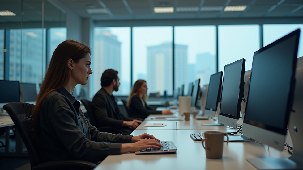 Eye-level view of a modern office with multiple computer workstations