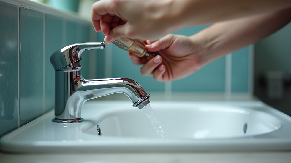 Close-up view of a bathroom sink faucet being repaired