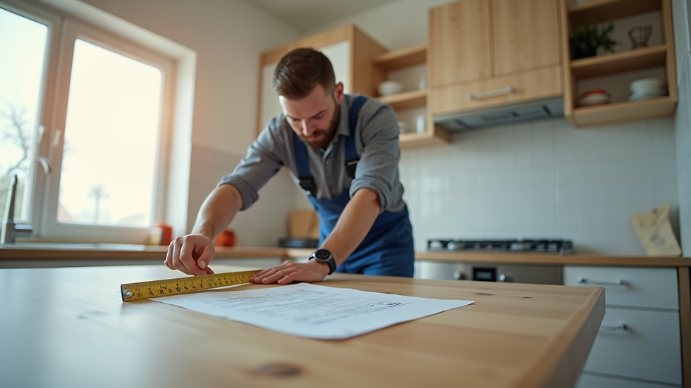 Eye-level view of a contractor measuring a kitchen countertop during remodeling estimate