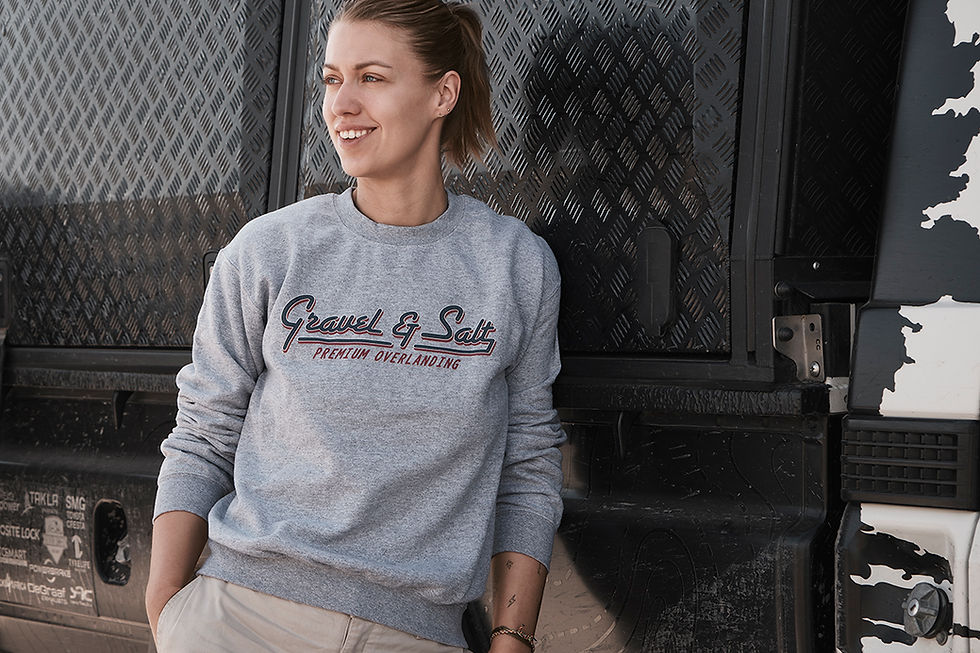 GRAVEL AND SALT TROPHY SWEATSHIRT in grey with front logo, made for overlanding, 4x4 trips, and everyday wear.