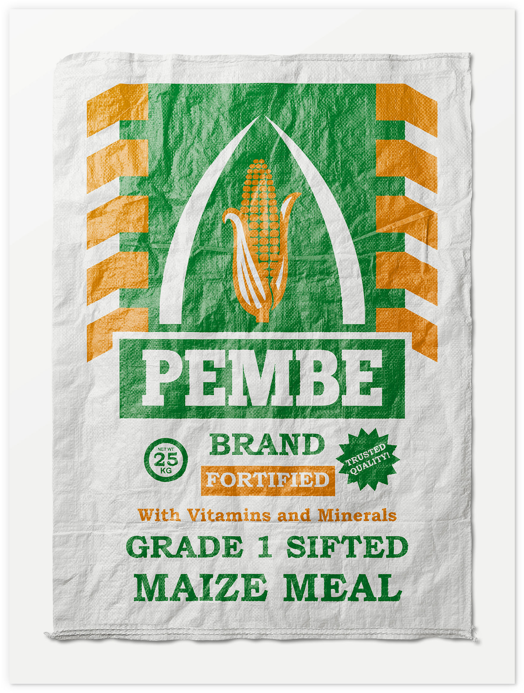 Sacks of Africa “PEMBE” fine art print showing a green and ochre maize meal sack design with corn emblem and bold typography.