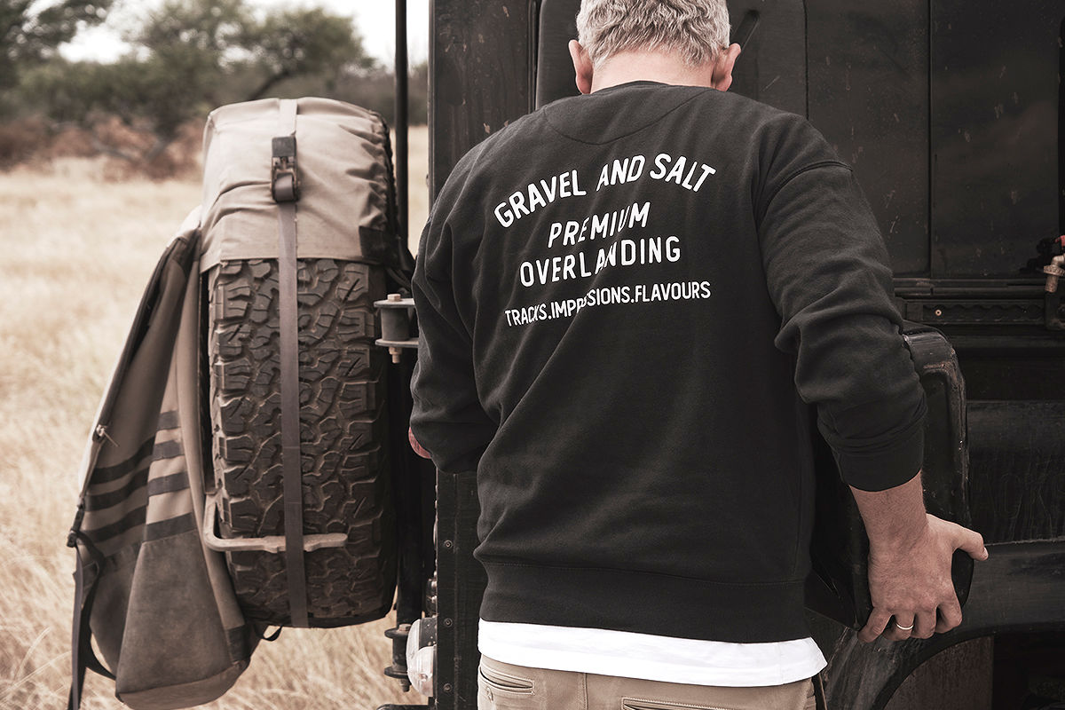 GRAVEL AND SALT MECHANIC SWEATSHIRT in black with bold back print, made for overlanding, 4x4 trips, and camp life.