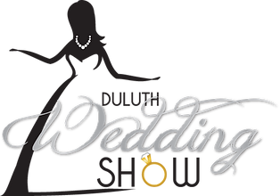 A graphic logo for a wedding show with a bride and a pearl necklace, with a engagement ring