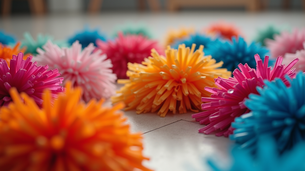 Close-up view of colorful cheerleading pom-poms arranged in a circle on the floor