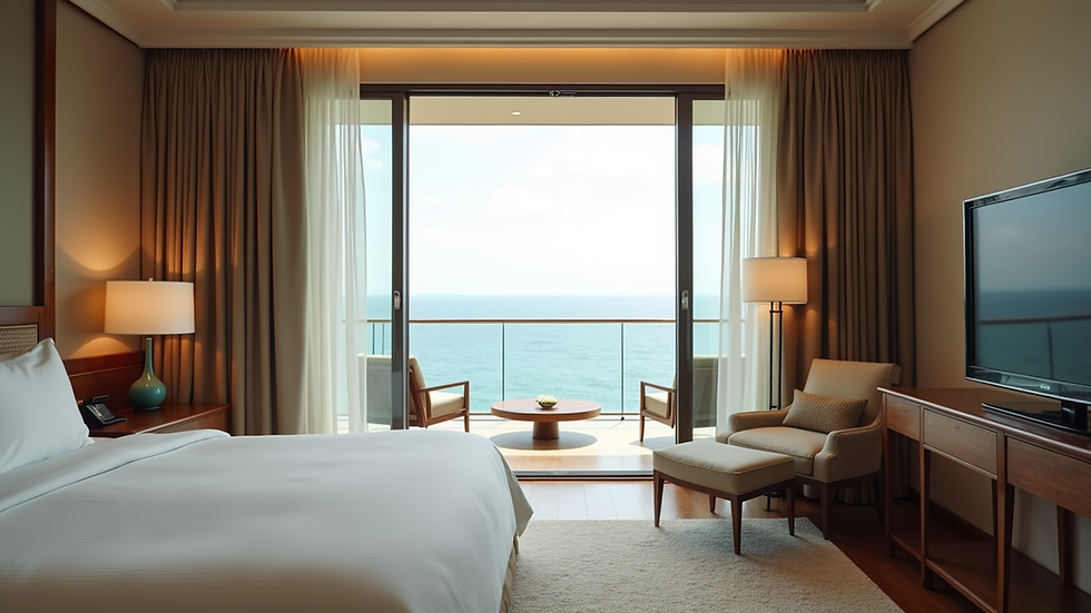 Eye-level view of luxury hotel suite with ocean view balcony