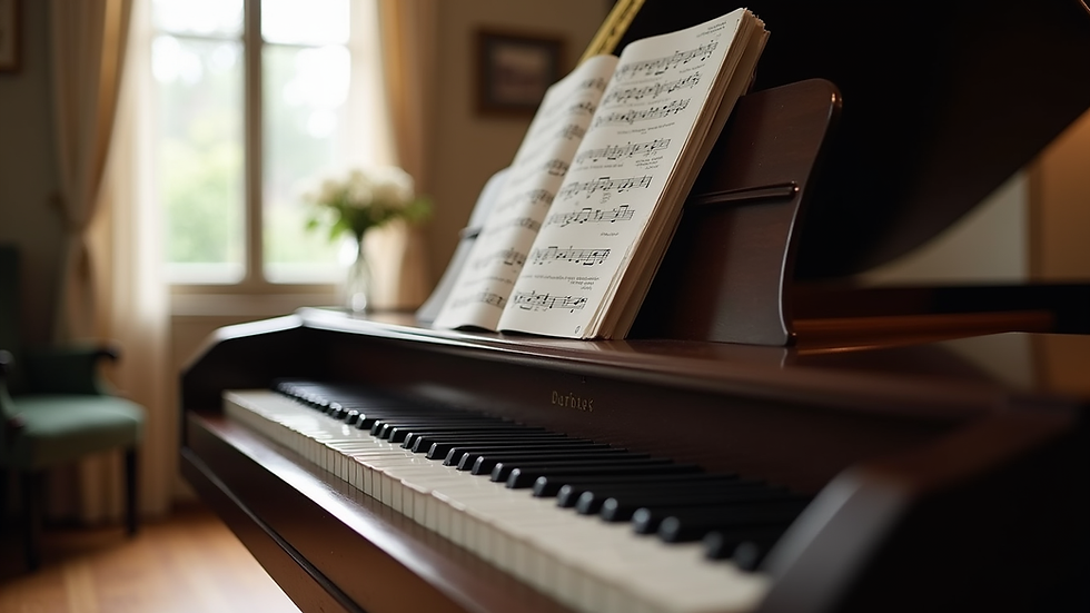 Close-up view of a grand piano with sheet music on the stand