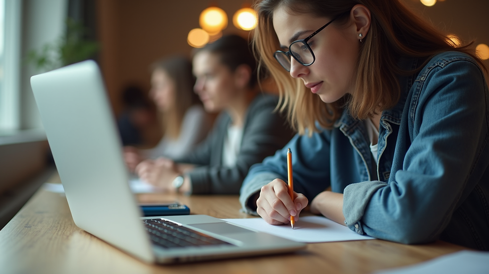 Eye-level view of a student writing an essay on a laptop
