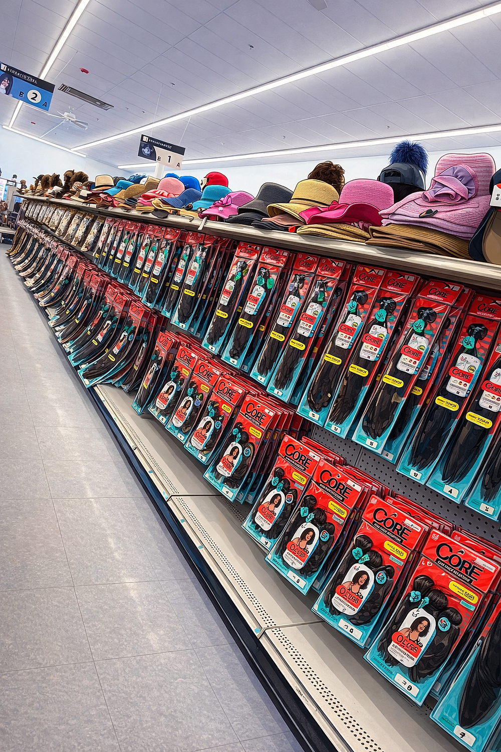 Aisle displaying many packaged types of hair extensions