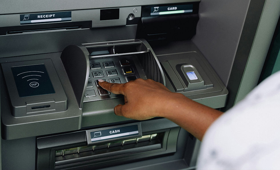 A confused traveler standing in front of a casino ATM, hesitating after seeing unexpectedly high withdrawal fees—locals warn visitors to avoid these machines.
