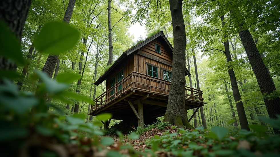 Eye-level view of a rustic treehouse surrounded by lush green forest