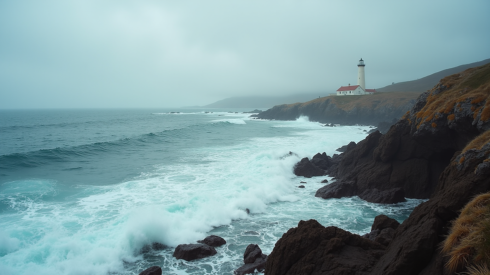 Wide angle view of a rocky coastline with crashing waves and a lighthouse in the distance