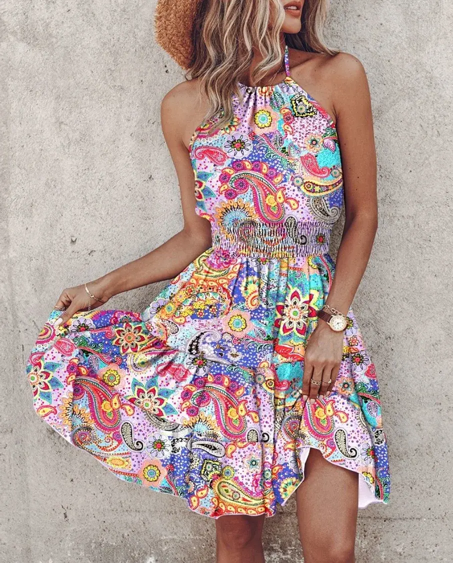 Thumbnail: Women's Off-Shoulder Halter Dress – 2024 Spring Summer Printed Sexy Fashion
