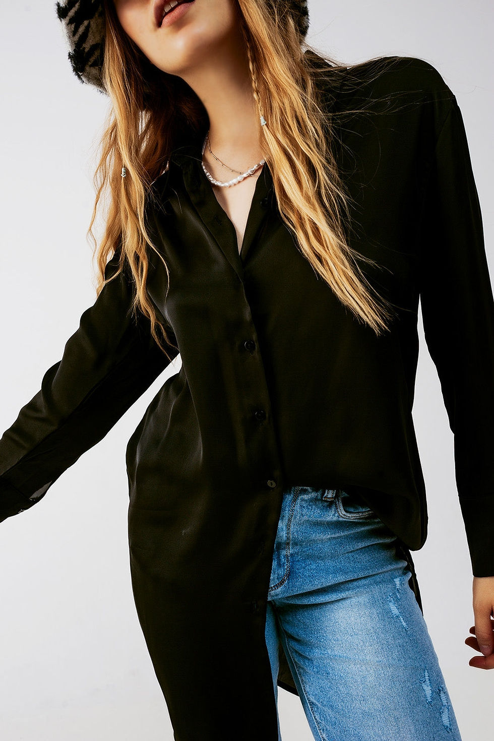 Thumbnail: Long Sleeve Satin Button Front Shirt - Black, Relaxed Fit