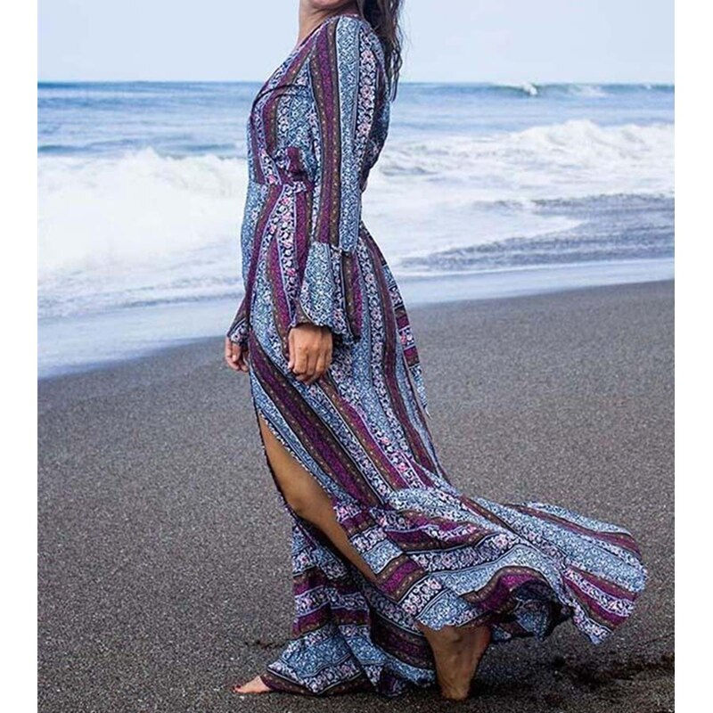 Thumbnail: Boho Summer Maxi Dress – Sexy Vintage Floral V-Neck with High Split